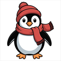 Cartoon penguin with a red hat and scarf isolated on