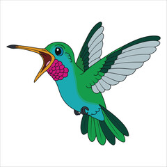 Illustration of a green and blue hummingbird with its beak open isolated on