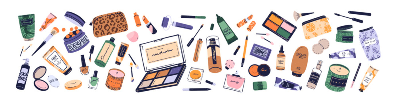 Set of beauty products, makeup accessories. Different decorative and skin care cosmetics for visage, make up: creams, mascara, eyeshadows, SPF. Flat isolated vector illustrations on white background.