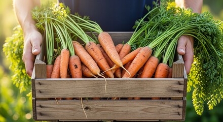 Person holding a wooden crate full of freshly harvested carrots