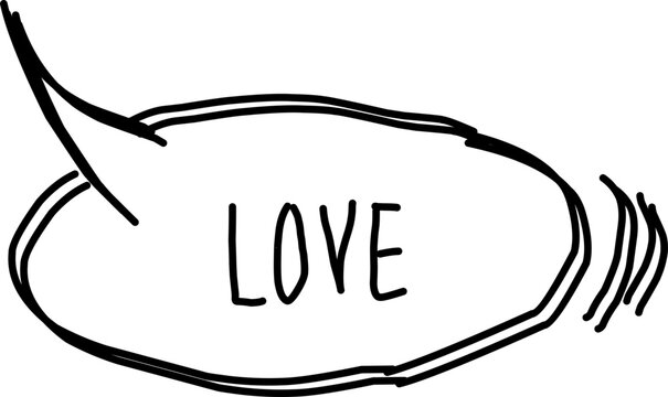 Hand-drawn speech bubble with the word “LOVE” in bold sketch style. Minimalist doodle design perfect for romantic cards, posters, stickers, and modern graphic projects.
