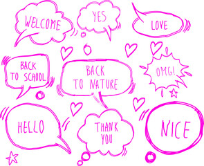 Set of hand-drawn pink speech bubbles with playful phrases like “WELCOME,” “LOVE,” “HELLO,” and more. Fun doodle collection perfect for stickers, posters, school designs, and creative projects.

