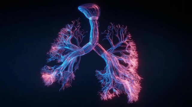 Vibrant digital illustration of human lungs in neon blue and pink