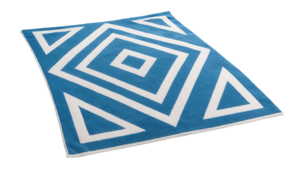 A large beach towel featuring a blue and white geometric design, perfect for couples.