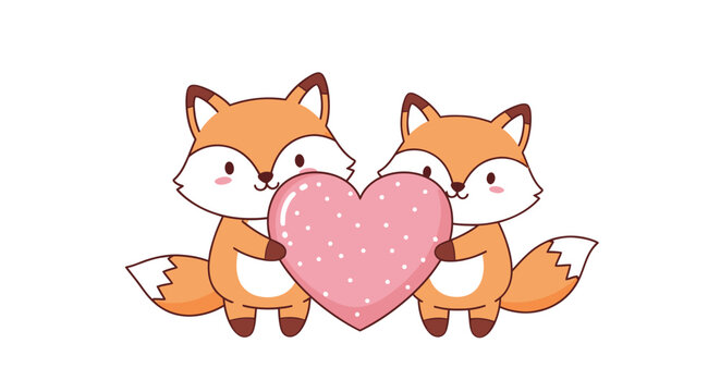 Two adorable cartoon foxes holding a pink heart, a symbol of love and friendship
