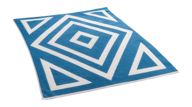 A large beach towel featuring a blue and white geometric design, perfect for couples.