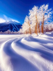 Obraz premium A serene winter landscape featuring snow-laden trees and a majestic mountain range under a vibrant blue sky.