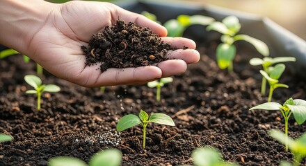 Hand holding soil over seedlings in a garden bed close up view