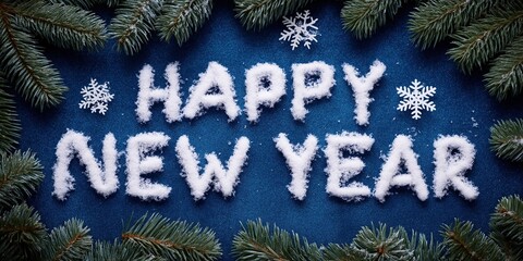 Happy New Year made from white snow on a blue background with pine tree branches and small snowflakes for winter celebration