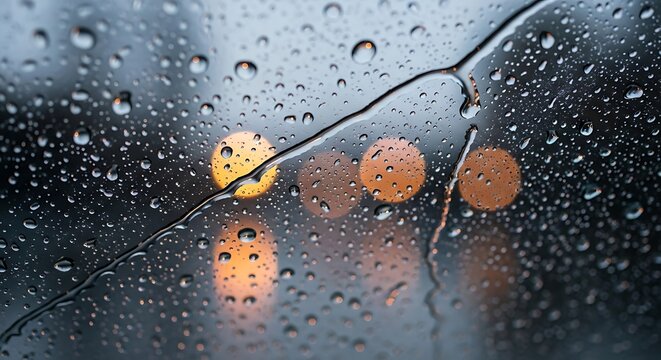 Rain drops on car window with blurred yellow lights from traffic background

