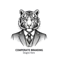 Engraving style illustration of an anthropomorphic tiger in a business suit.