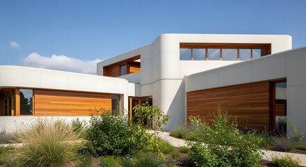 Fototapeta premium Elegant residential design featuring a harmonious integration with nature, demonstrating Sustainable Modern Architecture through its sleek, flowing forms and warm timber details