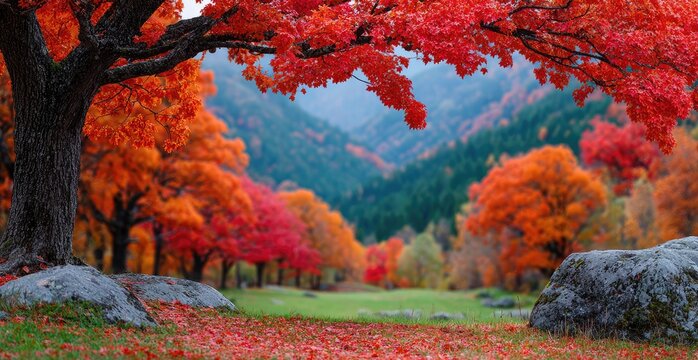 a picturesque autumn scene with vibrant trees and colorful leaves, creating an enchanting backdrop - Powered by Adobe