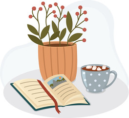 Still life composition with potted plant, open book and cup of cocoa with marshmallows. Concept of cozy reading time