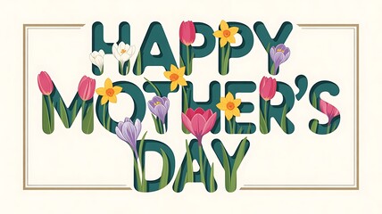A floral happy mothers day design isolated on white background featuring flowers and green text in a decorative frame