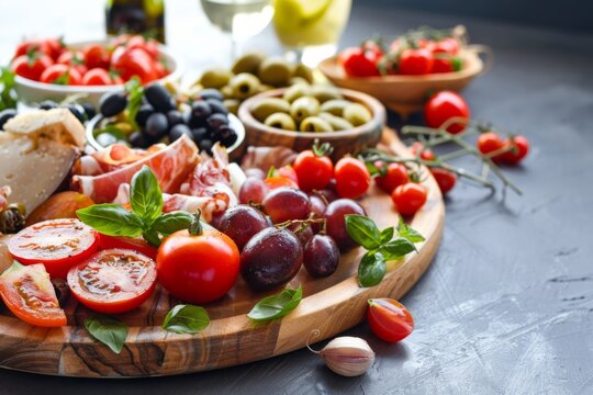 Colorful assortment of fresh vegetables and fruits on a wooden platter