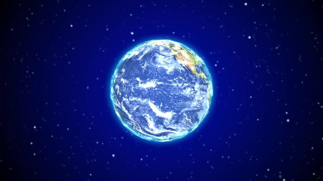 Beautiful animation of earth rotating in space with soft glowing stars and shiny light effects. Planet earth revolving slowing in a seamless loop.