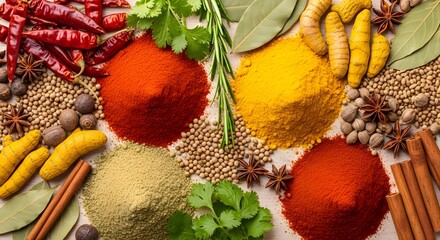 Colorful culinary spices and fresh herbs, perfect for cooking