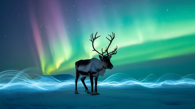 Majestic reindeer stands silently beneath the enchanting glow of the aurora borealis in a winter wonderland