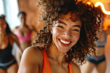 Fototapeta premium Young woman smiling joyfully during fitness class