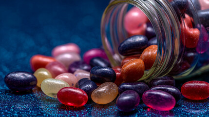 A close up of a tipped jar of jelly beans spilling onto a blue glittery surface with bright colors