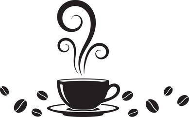 Black silhouette of a steaming coffee cup with coffee beans on a white background
