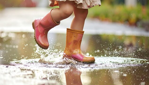 Child's Feet Splashing in a Puddle with Rain Boots