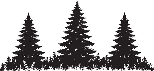 Fototapeta premium Black silhouette of pine trees and grass on white background forest nature
