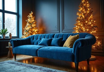 Low-angle shot of a tufted blue velvet sofa with cushions beside glowing gold Christmas trees in a moody, sunlit living room.  