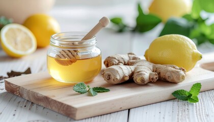 Honey, Ginger, and Lemon on Wooden Board