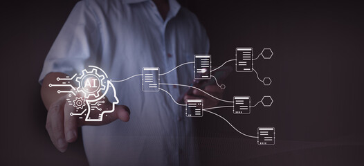 Hand interacting with a glowing AI interface, demonstrating machine learning, data processing, and workflow automation. The futuristic design emphasizes the integration of artificial intelligence