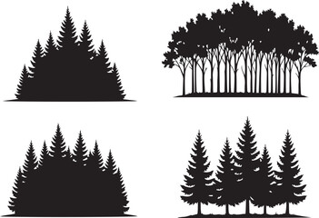 Fototapeta premium Four Black Silhouette Illustrations of Pine and Deciduous Trees on White Background
