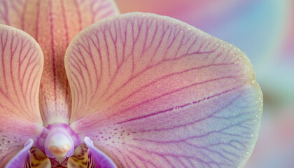 Close up of a delicate pink and purple orchid flower petal with water droplets and soft bokeh background lighting