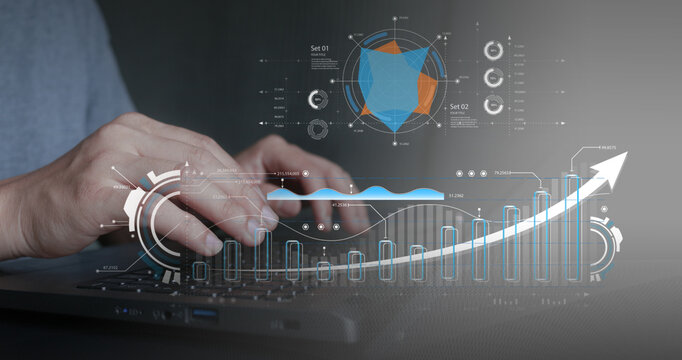  Big data analytics, digital business growth, data-driven strategy, modern technology efficiency. Hands typing on laptop with futuristic data dashboard, bar charts and analytics interface overlaid.