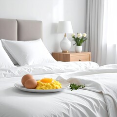 Breakfast in Bed Featuring Eggs on a White Plate on a Bed With Pillows and a Wooden Nightstand