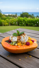 Half Papaya Fruit Bowl Filled With Tropical Fruits Ice Cream And Topped With Mint Leaves On A Wooden Table With Ocean View In The Background