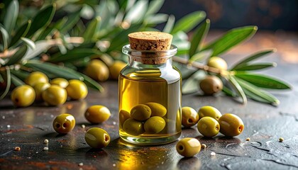 Olive Oil Bottle with Green Olives and Olive Branches on Dark Background