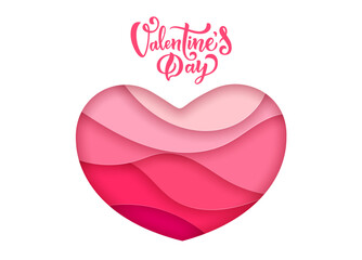 Happy valentine day paper cut greetings card featuring layered papercut heart in shades of pink and red with elegant typography above. 3d vector stylish and romantic love message for celebration