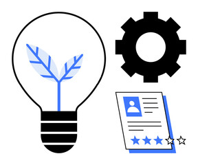 Lightbulb with sprouting leaves, gear, and profile sheet with star ratings. Ideal for innovation, growth, recruitment, career development, automation sustainability entrepreneurial effort. Simple