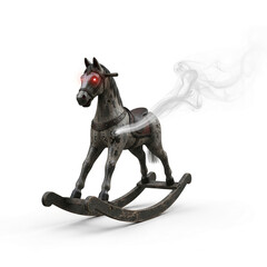 Fototapeta premium Antique rocking horse with red glowing eyes and smoke effect, suggesting mystery and fantasy, perfect for a child or an eerie concept