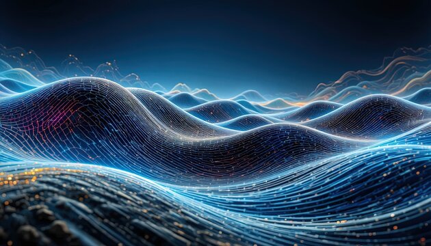 Dynamic network landscape with glowing data streams for innovative technology solutions and global connectivity, representing modern digital infrastructure - Powered by Adobe