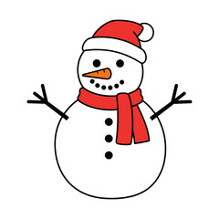Cute Cartoon Snowman Vector Illustration Wearing Santa Hat and Scarf