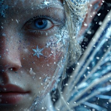 ice fairy with frosty wings and snowflake details, in a swirling snowstorm. the magical snowflakes drifting around evoke peaceful yet powerful essence of winter magic.