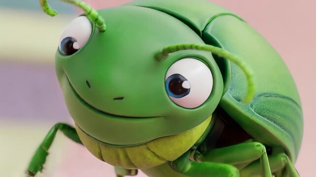 Cute green cartoon insect with big eyes and a smile