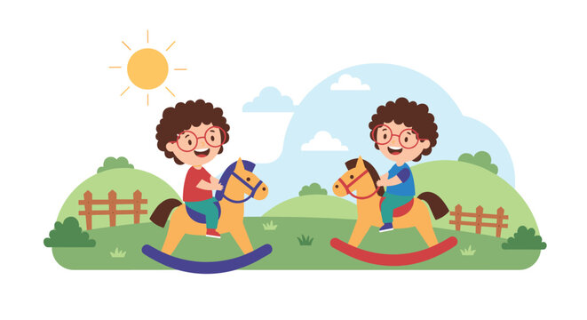 Two happy cartoon children riding rocking horses in a park on a sunny day. - Powered by Adobe