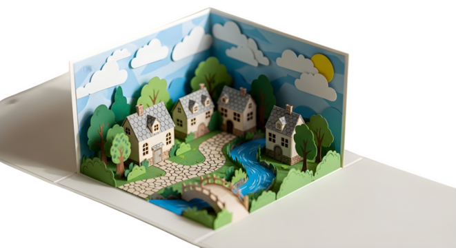 Popup card featuring a village scene isolated on transparent background
