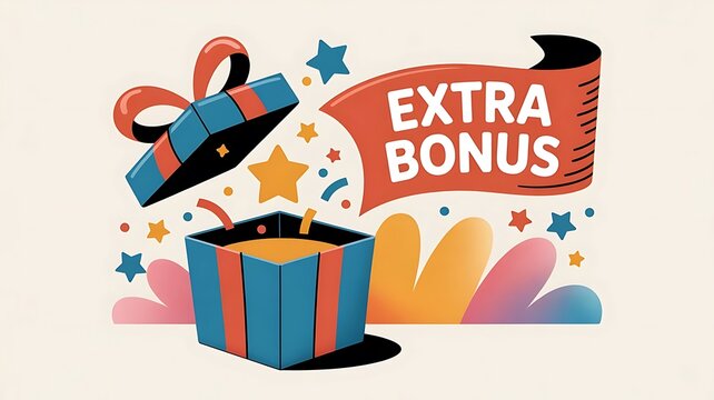 Extra bonus gift box isolated on white background, with stars and confetti, offering a special reward or promotional incentive