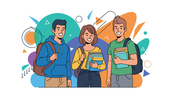 Three diverse students with backpacks and books stand together smiling against a colorful abstract background. - Powered by Adobe