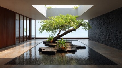 Zen Oasis: A tranquil interior scene features a serene reflecting pool cradling a meticulously arranged tree, creating a sanctuary of peace within a modern architectural space.