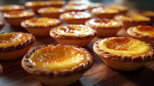 Delicious array of golden portuguese egg custard tarts on wooden surface